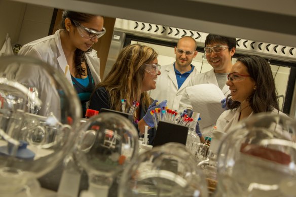 Karen Wooley (seated at center), enjoying a light-hearted moment with members of her research group between takes during a video/photography shoot in her Texas A&M Chemistry laboratory. (Credit: Robb Kendrick/Texas A&M Foundation.)