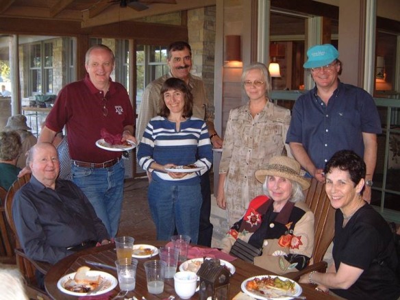 (From left:) George P. Mitchell '40, Ed Fry, Wendy Freedman, Rocky Kolb, Olga Kocharovskaya, Cynthia Mitchell, Tod Lauer and Debbie Fry. (Credit: Edward S. Fry.)